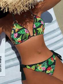 Summer Newest Floral Print Halter Tie Up Sexy Bikini Set - Multicolor - View 1