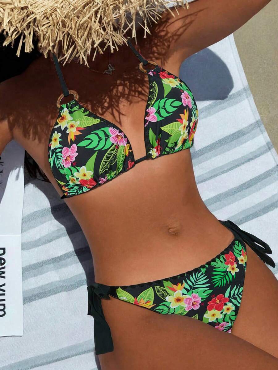 Summer Newest Floral Print Halter Tie Up Sexy Bikini Set - Multicolor - View 1