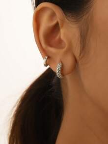 6 件/套复古风格金属 C 形纹理扁平耳钉，适合女士、节日礼物和日常佩戴 - 銀色 - 查看 4