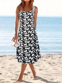 时尚印花无袖连衣裙，轻盈优雅，适合休闲外出、居家、旅行、工作、婚礼、派对、海滩、睡衣等多种场合，黑色夏季款。 - 黑色 - 查看 4