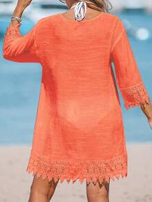 Áo sơ mi dài tay nữ màu trơn, cổ tay ren, cài cúc đơn, thích hợp cho kỳ nghỉ xuân. - trái cam - Xem 4