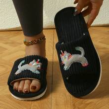 女士简约时尚可爱猫头露趾条纹防滑家居拖鞋 - 黑色 - 查看 4