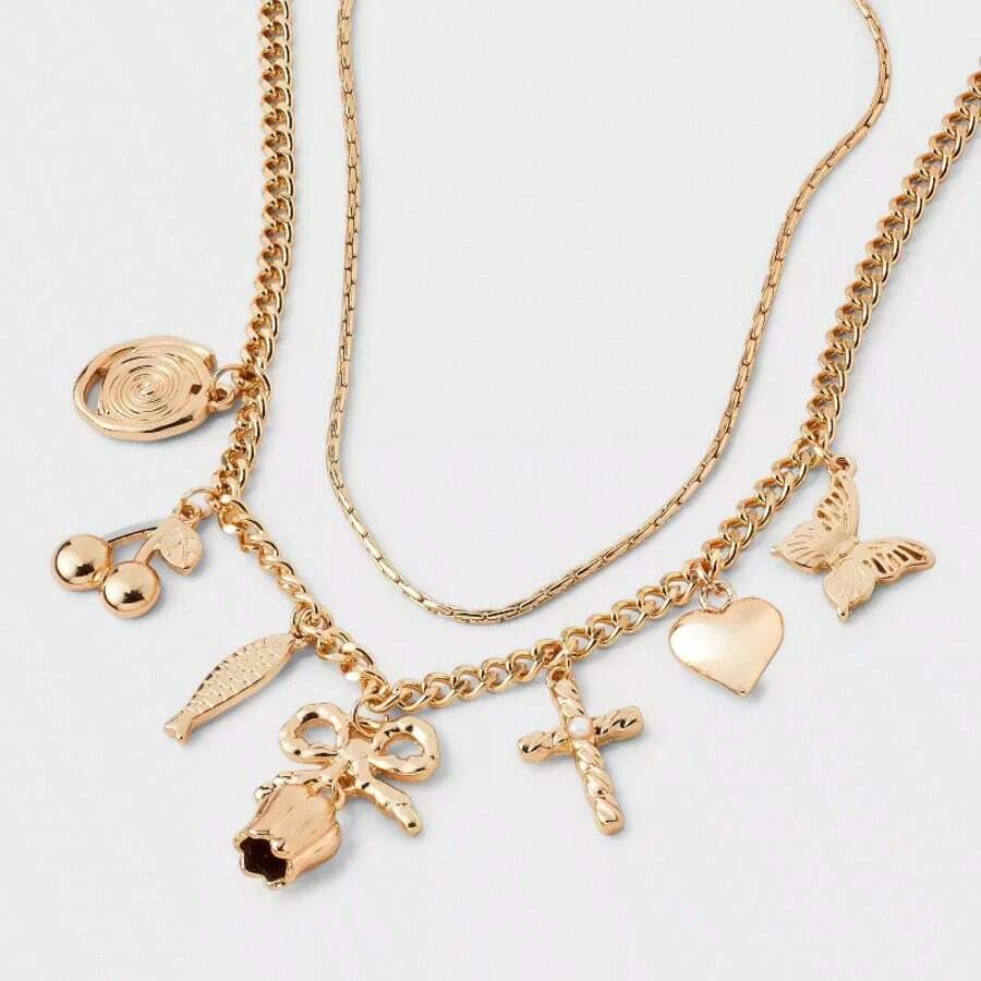 Mixed Tulip And Box Charm Multi-Strand Necklace - Universal Thread™ Gold: Lobster Claw Clasp, 18" Length - 1 - View 1