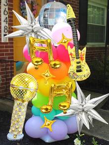 24 件音乐主题派对气球套装 - 麦克风、吉他、迪斯科球、金色音符和星星，适合流行音乐主题、生日派对、80 年代 90 年代嘻哈摇滚派对、歌手表演派对、道具舞蹈装饰 - 彩色 - 查看 5