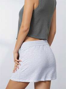 Women's Fashion Mini Skirts Solid Color Drawstring Elastic Waist Bodycon Skirts Spring Summer Casual Skirts - Light Grey - View 5