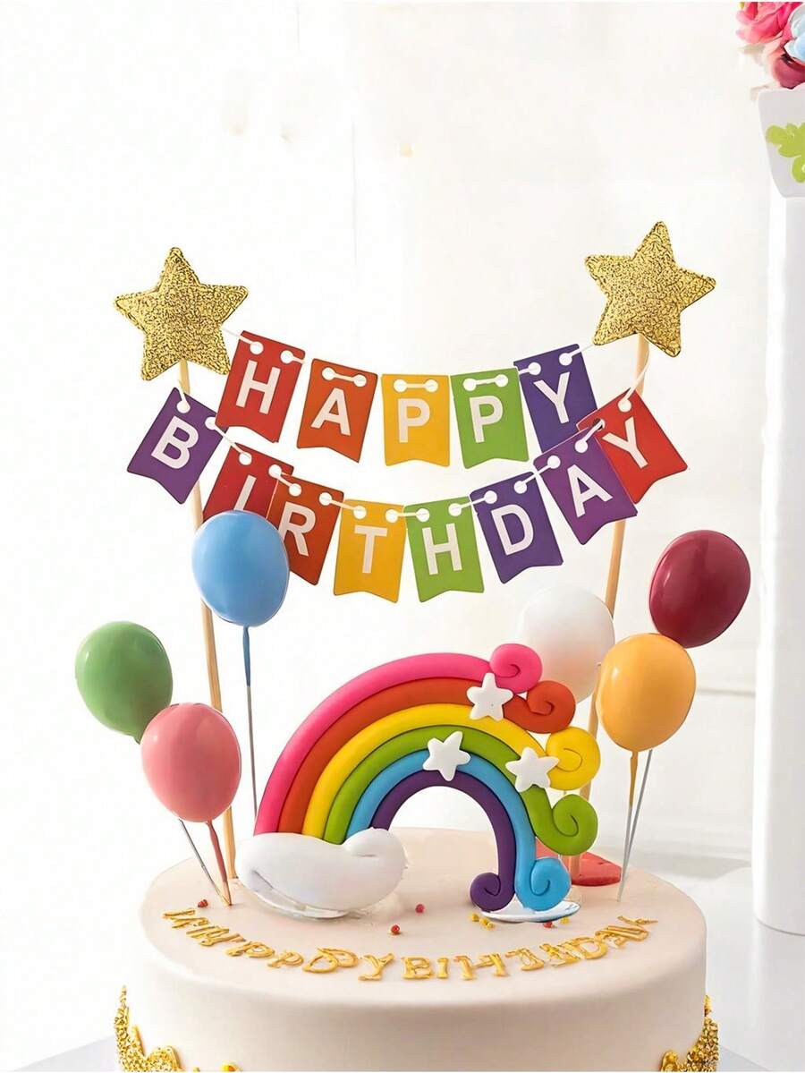 1/8 件生日快乐蛋糕装饰，纸质生日快乐字彩虹旗蛋糕装饰，软陶瓷彩虹云和星星图案蛋糕插件，非常适合生日派对庆祝蛋糕装饰饰品，节日派对用品
