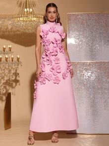 Modphy Nuevo vestido elegante de cuello alto sin mangas con decoración floral 3D, cinta de mariposa, vestido de noche largo para el Día de San Valentín, boda, fiesta, ocasión formal, vestido de invitada de boda, vacaciones de primavera en color rosa - Rosa - Ver 2