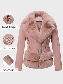 Women's Faux Leather Jacket With Elegant Faux Fur Collar And Belt, Warm Retro Style - Ideal Choice For Autumn/Winter Season - 粉色 - 查看 1