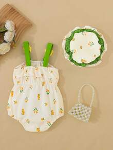 Infant Girl 3D Floral Decor Camisole Bodysuit & Hat Set, Elegant Design Suitable For Spring & Summer Vacation - Multicolor - View 3