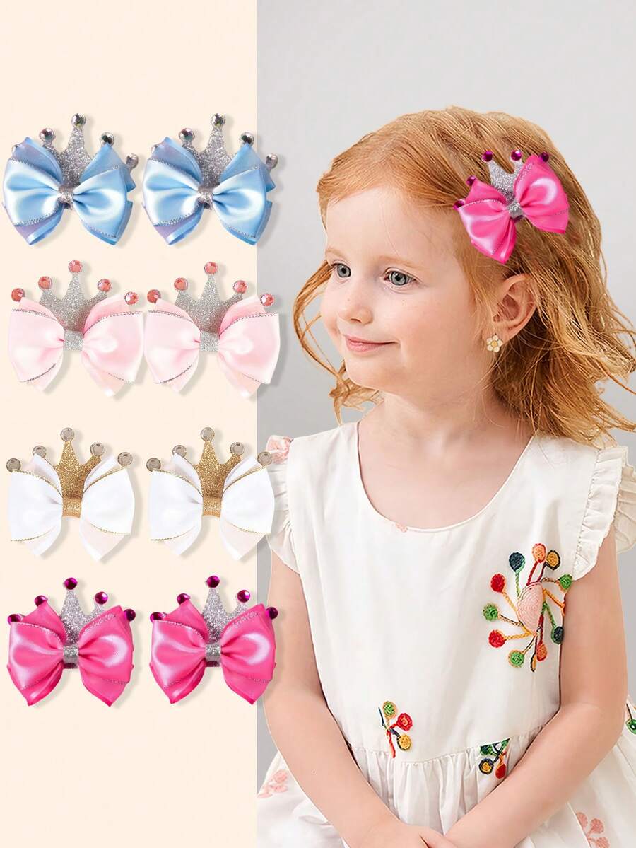 2pcs Pink Polyester Hair Clips With Silver Edges, Crown Shaped With Crystal Rhinestone Inlaid, Ideal Gift, Suitable For Party, Casual, Daily Use, Hair Accessories For Girls - Multicolor - View 1