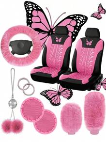 1 set accessoires d'intérieur de voiture pour femmes : housses de siège avant motif papillon mignon, couvre volant/frein à main/pommeau de vitesse en peluche, décoration suspendue de rétroviseur en peluche et strass, 1 paire de porte-gobelets en silicone, accessoires d'intérieur de voiture roses