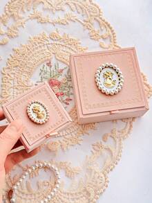 1pc Vintage French Style Minimalist Pink Retro Pearl Woman Head Design Earring & Ring Box, Delicate Foil Floral Edge Jewelry Box, Ring Storage Case