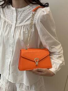 Alligator Texture Mini Square Bag, Fashion Versatile Shoulder Crossbody Bag, Minimalist Trapezoid Layer Chain Square Purse - Orange - View 7