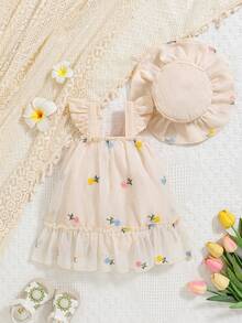 女婴花卉刺绣薄纱短袖连体衣连衣裙 - 杏色 - 查看 2