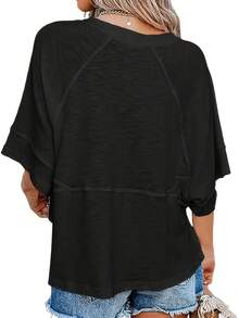 Women's Casual Asymmetrical Neck Drop Shoulder Half Sleeve T-Shirt With Exposed Seams, Regular Length Polyester Top For Everyday Wear - 黑色 - 查看 2