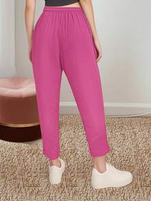 Women's Solid Color Elegant Comfortable Elastic Waist Drawstring Pocket Beach Holiday Work Casual Straight Pants, Spring/Summer/Autumn - Hot Pink - View 3