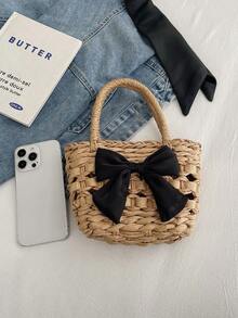 女孩蝴蝶结草编手提包，迷你编织篮包，度假风格 - A - 查看 4