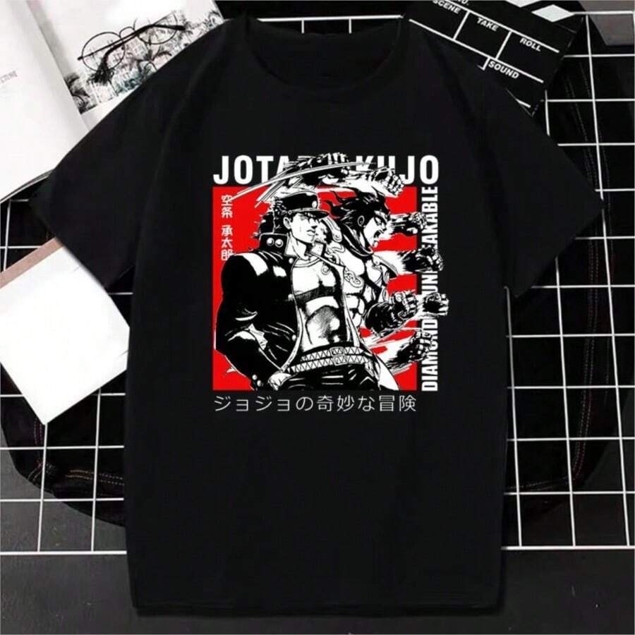 Japanese Anime JOJOs Bizarre Adventure Graphic Print T Shirt Men Women Fashion Streetwear Short Sleeve Plus Size T Shirt Unisex - 黑色 - 查看 1