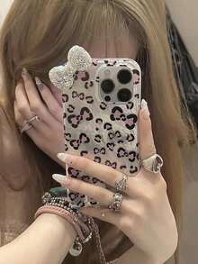 1pc Luxury Rhinestone Leopard Print Bow Phone Case Compatible With Apple 16 Apple 16 Plus Apple 16 Pro Max 15 14 13 12 11 Pro Max Cute Bowknot Shockproof Cases