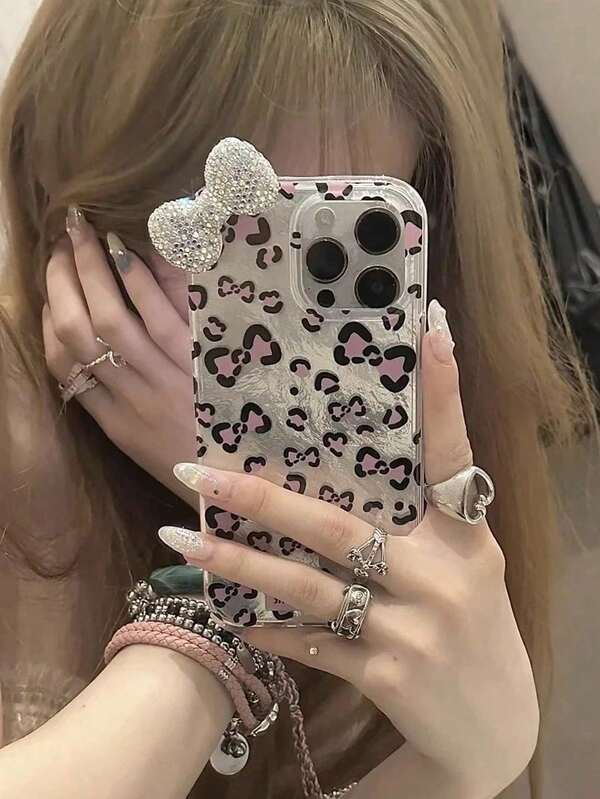1pc Luxury Rhinestone Leopard Print Bow Phone Case Compatible With Apple 16 Apple 16 Plus Apple 16 Pro Max 15 14 13 12 11 Pro Max Cute Bowknot Shockproof Cases