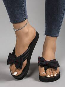 Women's Bow Decor Slippers, Black Flat Sandals For Women, Suitable For Beach Vacation - Black and Red - View 2