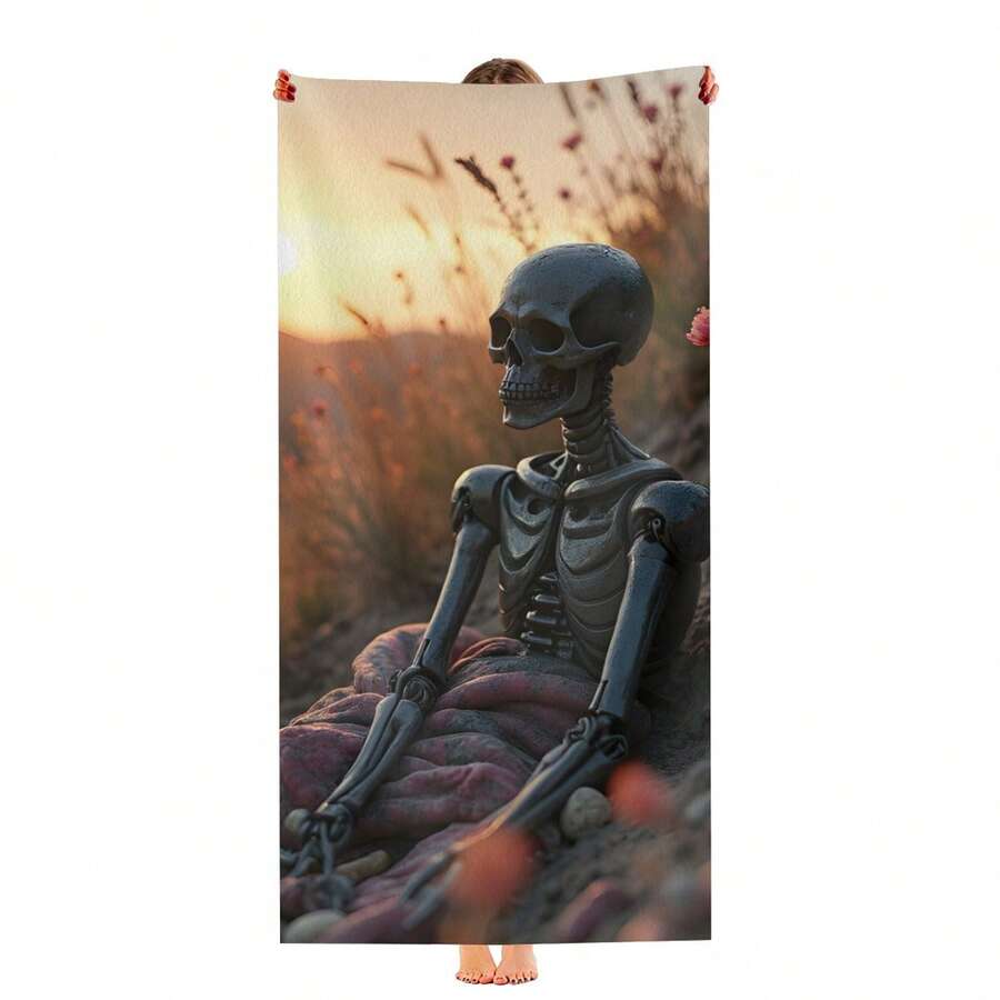 Contemplative Skeleton At Sunset, Resting Among Flowers Super Soft And Cozy Lightweight Printed 75X150cm Large Bath Towel, Quick Drying, Absorbent, Soft And Comfortable, Ultra-Fine Fiber Beach Towel