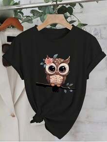 Women's Owl T-Shirt, Premium Cotton Mesh Blouse, Basic Round Neck - Black - View 1