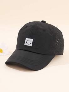 1pc Kids Smiling Face Baseball Cap For Girls Boys,Adjustable Washed Baseball Hat With Ponytail - Face - View 5