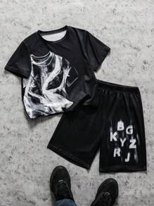 Set composto da maglietta con stampa unica e pantaloncini con stampa a lettere, adatto ai ragazzi, design alla moda e accattivante, tessuto comodo, perfetto per vacanze estive e stile casual