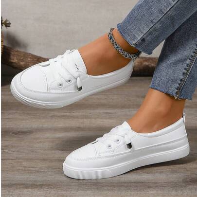 Women Plus Size White Sneakers, Fashion Flat Platform Casual Lace-Up Tennis Shoes, Versatile Student/School Shoes
