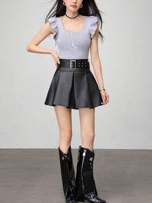 春夏Y2K音乐节女士金属PU百褶裙套裙黑色皮裙百搭时尚腰带长腿