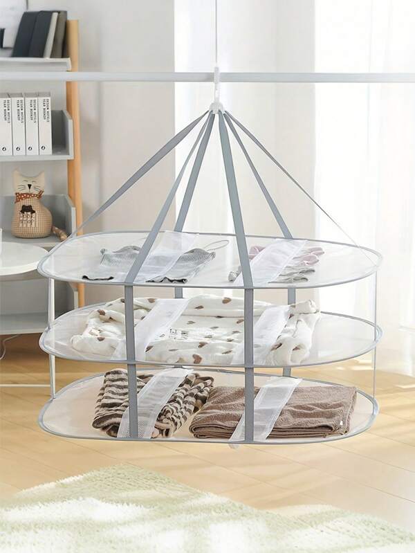 1pc 3-Tier Mesh Household Clothes Drying Basket,Large Grey Multi-Functional Foldable Clothes Drying Basket,Drying Mesh Bag,Drying Socks Artifact,Household Clothes No Deformation Drying Supplies,For Sweater,Socks,Towels,Underwear.