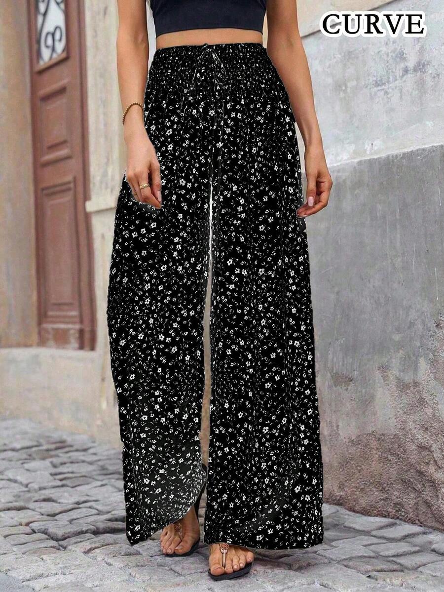 Quần ống rộng cạp rút họa tiết hoa mùa xuân/hè dành cho nữ Plus - màu đen - Xem 1