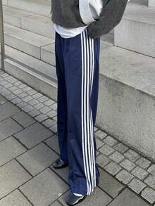 Women's Side Striped Pants Loose Elastic Waist Drawstring Straight Leg Casual Sweatpants With Pockets Y2k Track Pants Baggy Striped Joggers