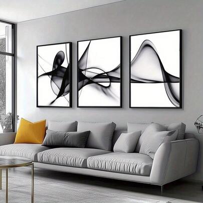 三幅优雅黑白抽象油画，配松木画框 - 现代墙面装饰，适用于客厅、卧室、办公室，防水，高品质印刷，是家居、咖啡馆、酒吧墙面装饰的理想之选，抽象艺术，动感笔触。