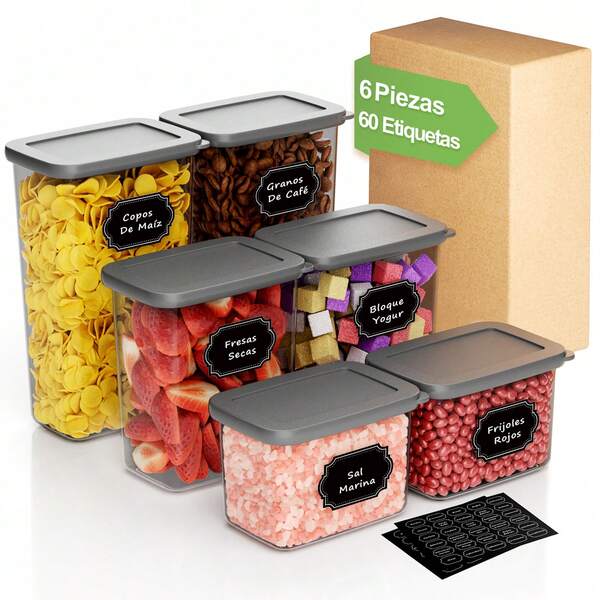 12 Piezas (6 Frascos + 6 Tapas) Juego de Almacenamiento de Alimentos con Etiquetas, Organizador de Cocina, Cajas de Almacenamiento de Plástico Selladas con Tapas para Granos, Harina, Granos de Café, Copos de Maíz, Pasta 1.8L 1.3L 0.75L