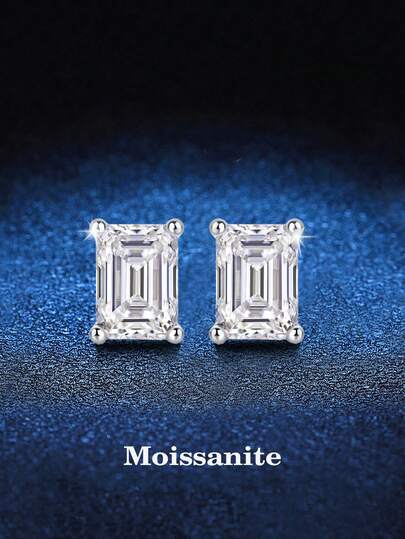 2 piezas Pendientes de aro cuadrado de 925 plata con moissanita talla esmeralda de 2ct,elegantes y de moda, aptos para mujer para uso diario, fiesta, vacaciones, unisex, regalo ideal para el Día de la Madre, aniversario de bodas, cumpleaños