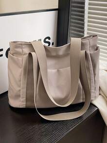 Bolso de mano de gran capacidad, de moda, sencillo y casual, multifuncional, adecuado para el trabajo, el transporte, las compras y otras ocasiones. - Caqui - Ver 3