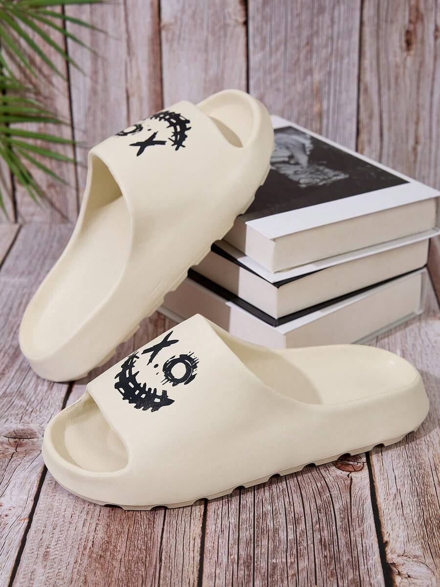 X Plus Size Men's Personalized Versatile Solid Color Letter Graphic Print Indoor Outdoor Beach Slip-On EVA Light Breathable Casual Slippers, Couple Wear - White - View 1