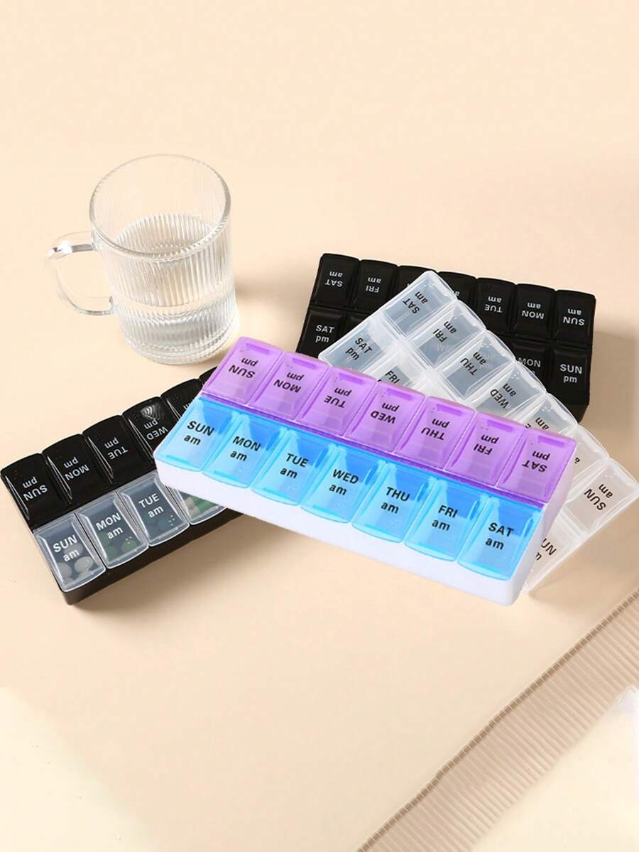 1pc 14 Slots/2 Rows Weekly Pill Organizer Box, 7 Day Portable Travel Medicine Sorter Case, Large Capacity Medication Splitter Container, Waterproof Pill Box For Elderly - Multicolor - View 1