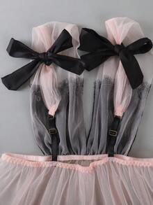 女士蕾丝睫毛蝴蝶结透明网眼睡袍，性感内衣裙