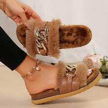 Women's Metallic Chain Sandals - Fluffy & Open Toe For Winter Wear - màu nâu - Xem 1