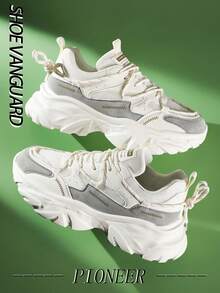 （尺码偏小）男士增高厚底运动鞋，校园时尚系带鞋，字母图案撞色休闲运动鞋，适合搭配牛仔裤和运动服