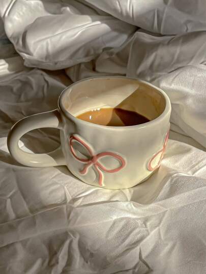 1 件独特手绘 3D 蝴蝶结陶瓷咖啡杯，白色，适合餐厅、客厅、少女高品质早餐/办公室/情侣使用、咖啡店和返校派对