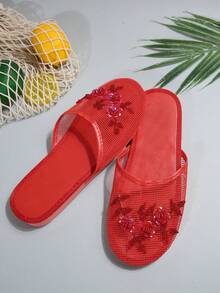 女士一脚蹬穆勒拖鞋刺绣网眼露跟平底鞋，优雅休闲室内/户外红色透气舒适平底凉鞋