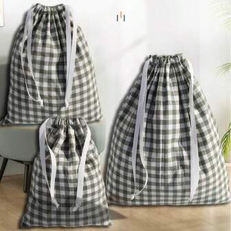 水洗格子布旅行收纳袋，防水抽绳收纳袋，便携式多功能衣物鞋子分隔袋，商务旅行行李收纳袋，休闲风格，可手洗 - 无印花设计