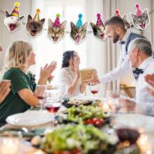 Pancarta de feliz cumpleaños con guirnalda de caras de gato, decoraciones divertidas para fiesta de cumpleaños con gatitos, letrero de cumpleaños dorado, decoración de banderines para fiesta de cumpleaños