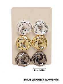 6 Cặp Hoa tai tròn mạ điện màu súng, vàng và bạc, phong cách thời trang Châu Âu và Mỹ dành cho phụ nữ hàng ngày, tiệc tùng, quà tặng - Ba cặp hình tròn - Xem 4