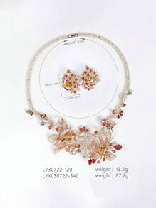 1 conjunto/3 piezas Juego de joyas con collar y aretes con forma de pétalos de flor, con piedras de circonita cúbica engarzadas, adecuado para mujeres, novia, boda, fiesta formal, regalo para el Día de la Madre (opción de varios colores)