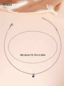 Hihho 1pc Minimalist Navy Blue Single Zirconia Pendant Necklace, Silver-Tone Stainless Steel Snake Chain Women's Clavicle Necklace - Silver - View 5